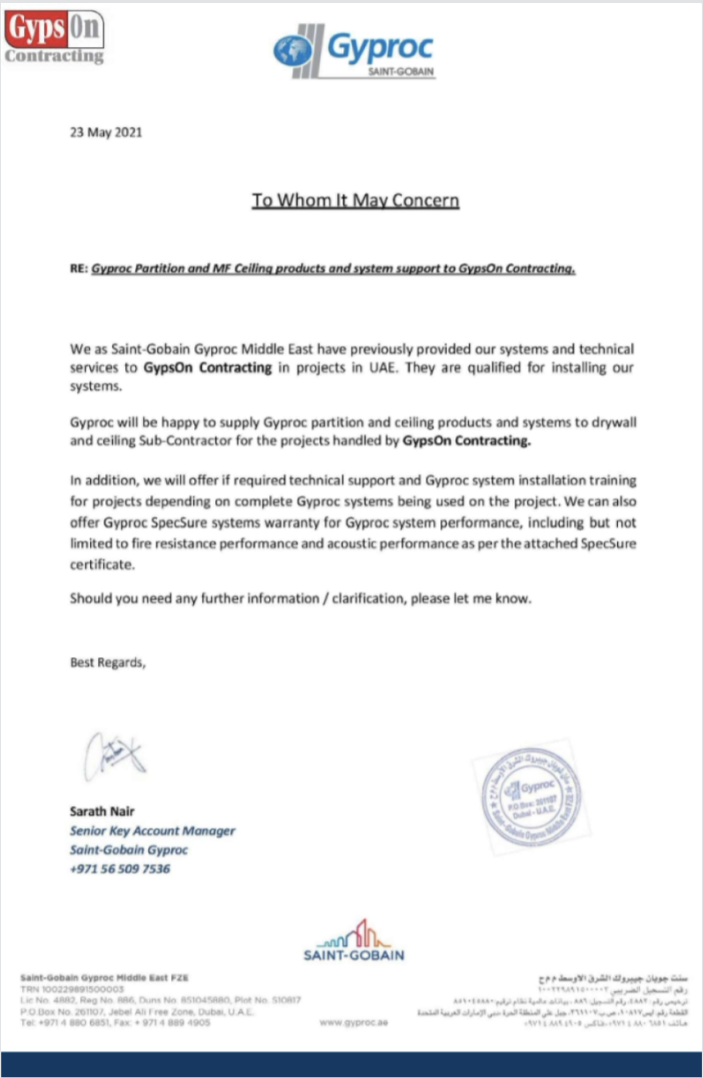 Gyproc Approval Letter